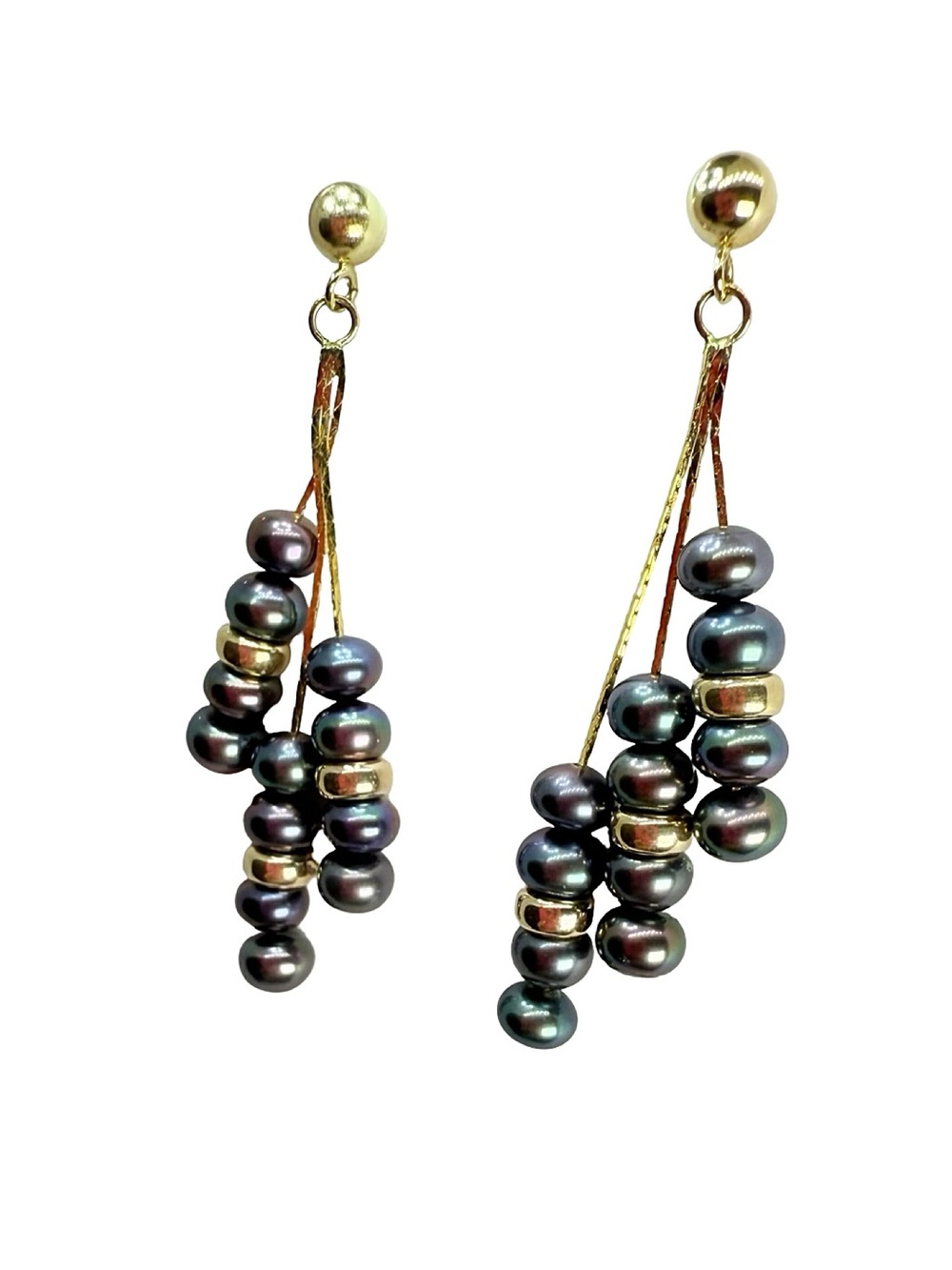 Gold & Black Pearl Cluster Drop Earrings - Elegant Women's Jewelry - Picture 5 of 16